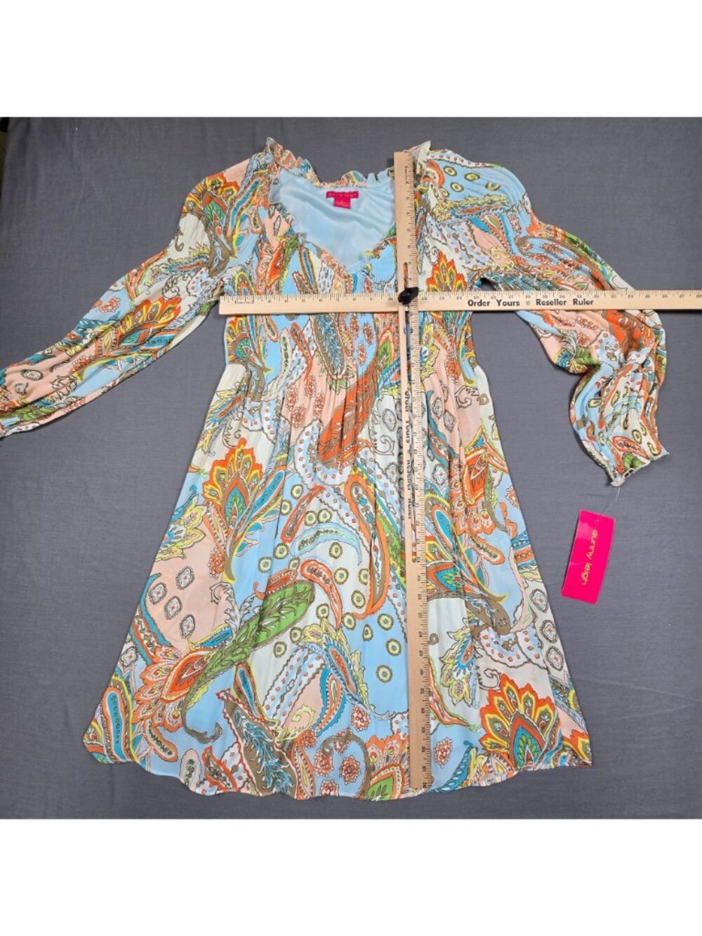 NEW Sunny Leigh Small Paisley Boho Long Sleeve Blue Ruffle Collar Swing Dress - Picture 3 of 4